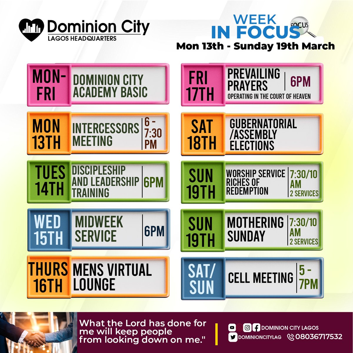 dominioncitylag's tweet image. Take note of the schedule for the week so you don't miss out on any. 

#DominionCity
#DCLagosHQ
#WeekInFocus