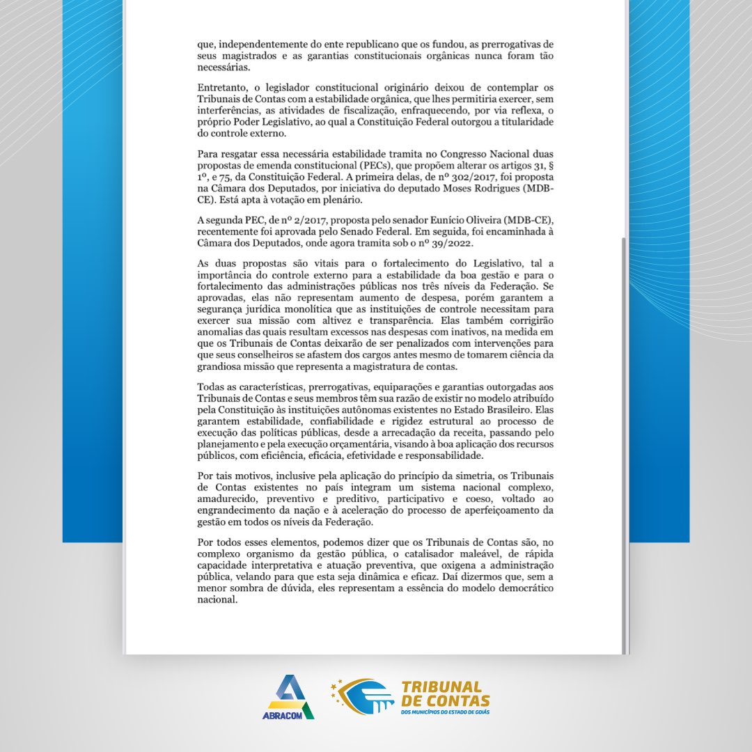 Abracom_tcms's tweet photo. Leia o artigo "Tribunais de Contas são essenciais no modelo democrático" do presidente da Abracom e TCMGO Joaquim de Castro, publicado no jornal Folha de São Paulo. https://t.co/VjsiBFRpuP