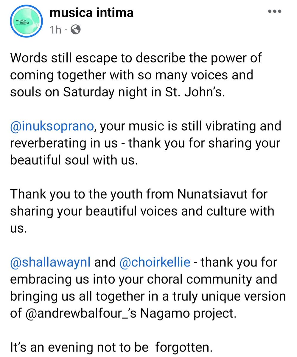 InukSoprano's tweet photo. Nakummek, my deep thanks. ❤️🙏 What an honour! #musicaintima #andrewbalfour @shallawaynl @KellieDWalsh #OurCultureSings #NLDeafChoir #InukSoprano #Ullugiagátsuk @jm_jwiseman @NSOonline #AtlanticStringQuartet #oboeistAnnieCorrigan #Nagamo #Labradorimiut #Avani #Legacy https://t.co/vHVha0qxmi