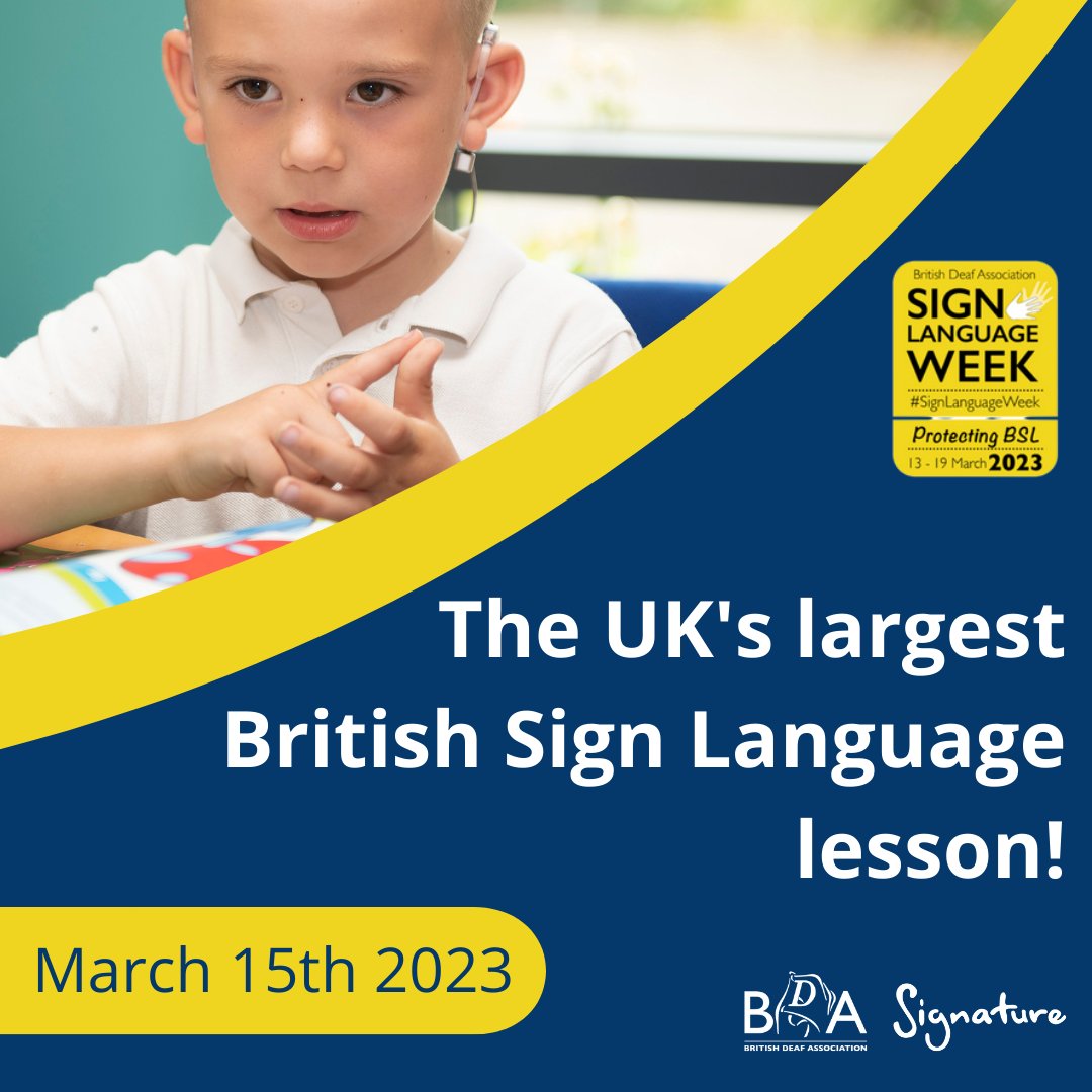 SignatureDeaf's tweet photo. We are looking forward to the UK's largest ever British Sign Language lesson tomorrow, if you are taking part please tag us in any photos you take.
#BritishSignLanguage #SLWeek23 #SLW23 https://t.co/9dA3aCrcxX