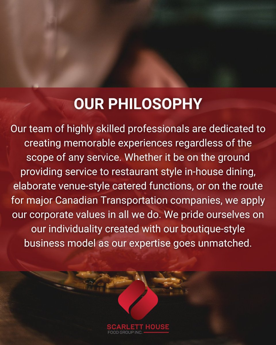 Our #Philosophy is to provide our clients with a team with years of experience in food service and understands the importance and value of individuality and uniqueness for our clients' business. 🧑‍💼🧑‍🍳

#CorporateValues #ContractCatering