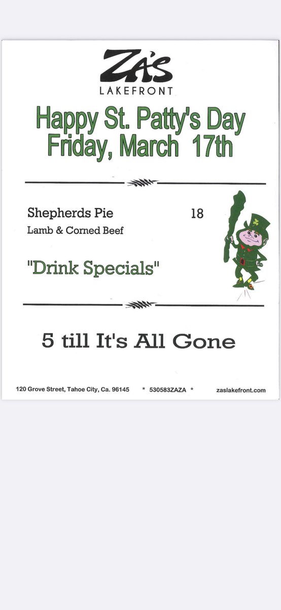 ZasLakefront's tweet photo. It’s your lucky day this Friday at Za's Lakefront! ☘️ 
Zaslakefront.con
#zaslakefront #stpatricksday #specials #shepardspie #drinkspecials #tastybites #liquiddelights #awesomesights https://t.co/wtelbWXh8A
