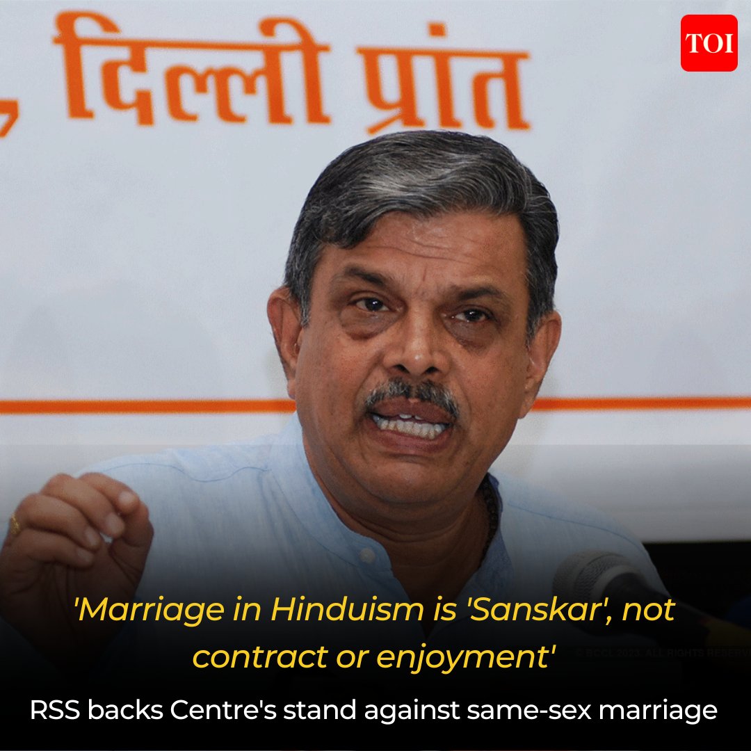 timesofindia's tweet photo. Marriage in Hinduism is 'Sanskar', not contract or enjoyment: RSS backs Centre's stand against same-sex marriage
The Centre filed the affidavit countering the demand made by various petitioners seeking legal recognition of same-sex marriage.
Read: https://t.co/OsaiBxPxko https://t.co/dS1KVHINlT