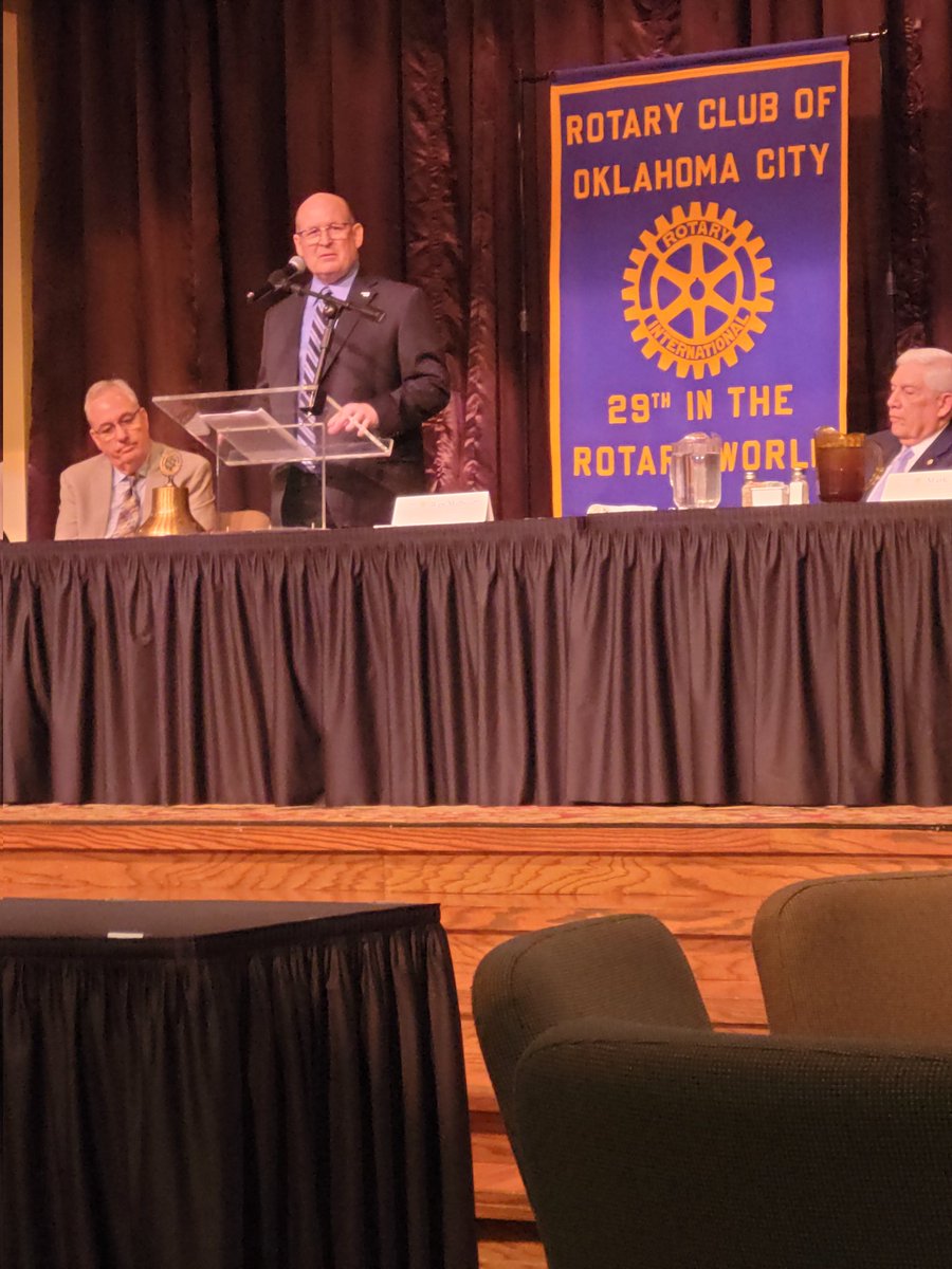Dena Fisher, Rotary District 57 president, and Mark Thomas, OK Press, speaking at <a href="/okcrotary/">Rotary Club of Oklahoma City</a> today.