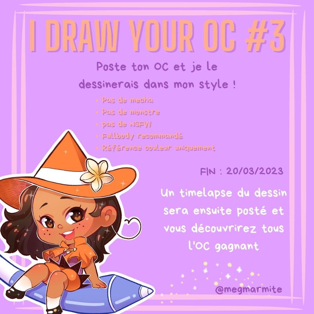 MegMarmite's tweet photo. #IDRAWYOUROC 
🌸Troisième édition c'est parti !🌸

Postez un de vos OC ci-dessous en respectant les règles ci-dessous.

🌸1 OC par personne ! 
Tirage en live : 20/03/2023 https://t.co/0JeZYa9X1A