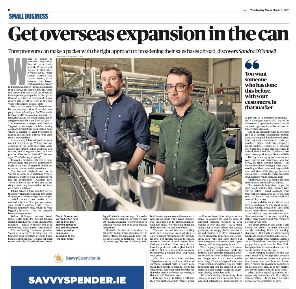 JordanDaragh's tweet photo. Delighted to be featured in the Sunday Time last week alongside Ciarán Gorman and Darren Fenton with Bevcraft Group, amazing to see so many Irish businesses prospering in the US.

Thanks to Sandra O’Connell for the feature. https://t.co/Eu7eawURMa