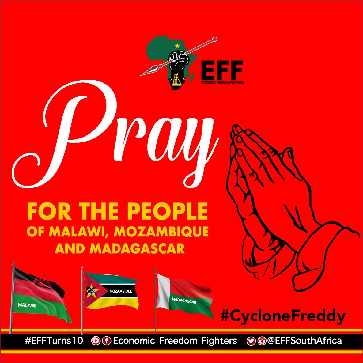 EFFSouthAfrica's tweet photo. The EFF sends its deepest condolences and prayers to our sisters and brothers in Malawi, Mozambique and Madagascar who have lost their loved ones and livelihoods as the result of #CycloneFreddy 🙏🏿🙏🏿🙏🏿 https://t.co/pv5SXvuKjj