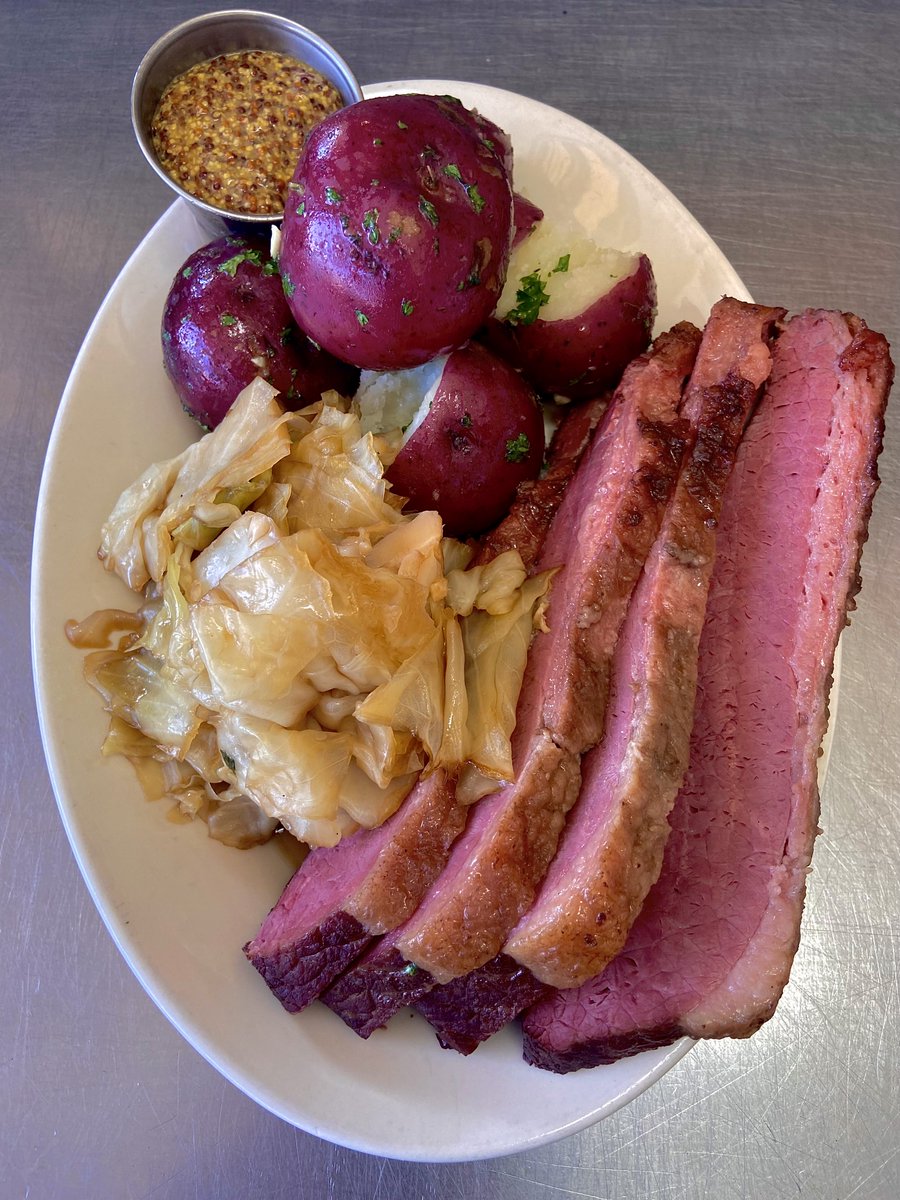 Friday St. Patrick’s All Day Feature! 

Juicy, ruby red corned beef &amp; cabbage slow simmered in award winning Oil Change Stout and Irish Ale. Served with tender baby red potatoes, fresh baked soda bread, honey butter, beer mustard and horseradish sauce! 

See you soon!
