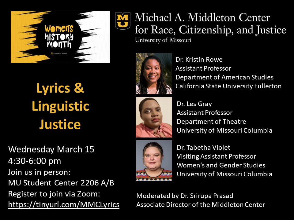 March 15 from 4:30-6:00 pm
Join us in person or register to join on Zoom: tinyurl.com/MMCLyrics
more about our panel here: middletoncenter.missouri.edu/event/lyrics-a…