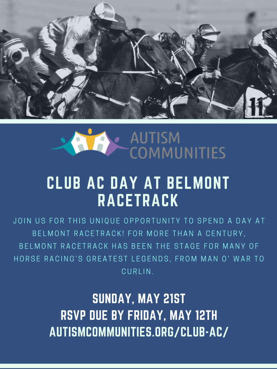 AutismComm's tweet image. In addition to our upcoming Club AC event at Muse Paintbar, we're super excited for our May event at Belmont Racetrack! Join us for a fun and thrilling all day event! RSVP today by joining Club AC as a member family: autismcommunities.org/club-ac/ #clubac #horseracing