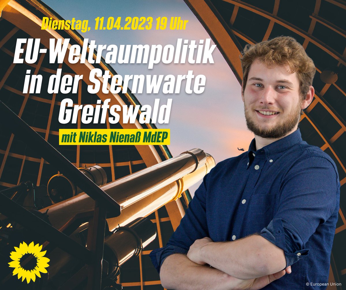 EU-Weltraumpolitik in der Sternwarte Greifswald 🚀

Wir machen eine Führung durch die Sternwarte und <a href="/nnienass/">Niklas Nienaß</a> wird von seiner Arbeit aus dem EU-Parlament berichten.

Mehr Infos unter
gruene-vorpommern-greifswald.de/termine/termin…