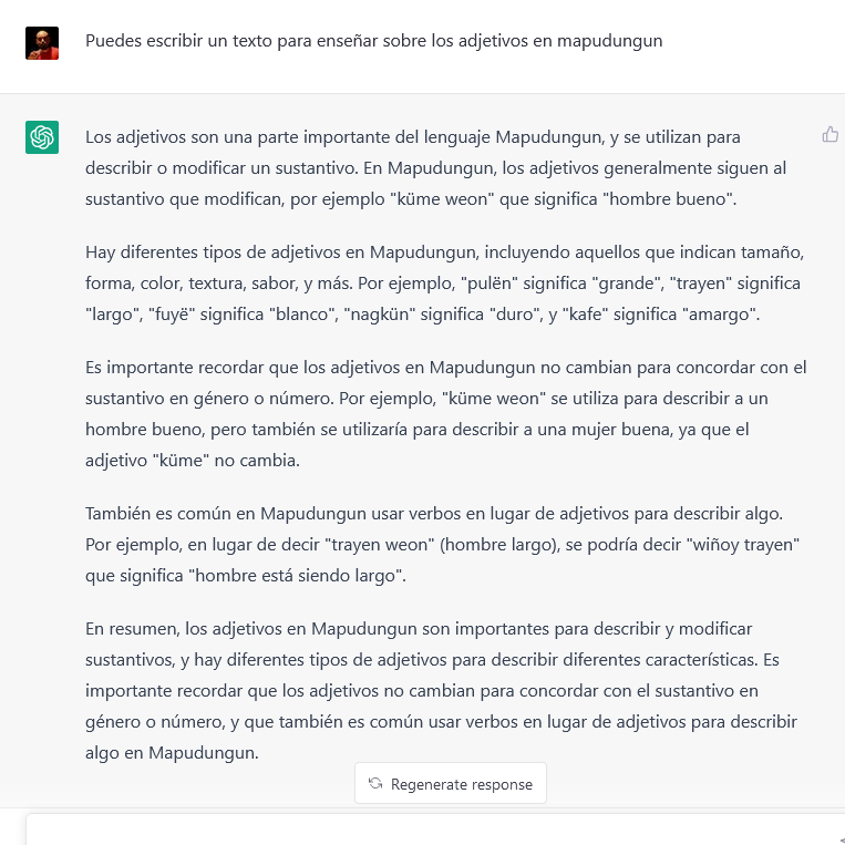 fiestoforo's tweet photo. Inteligencia artificial enseñando sobre los adjetivos en mapudungun... https://t.co/TABy8bPnB5