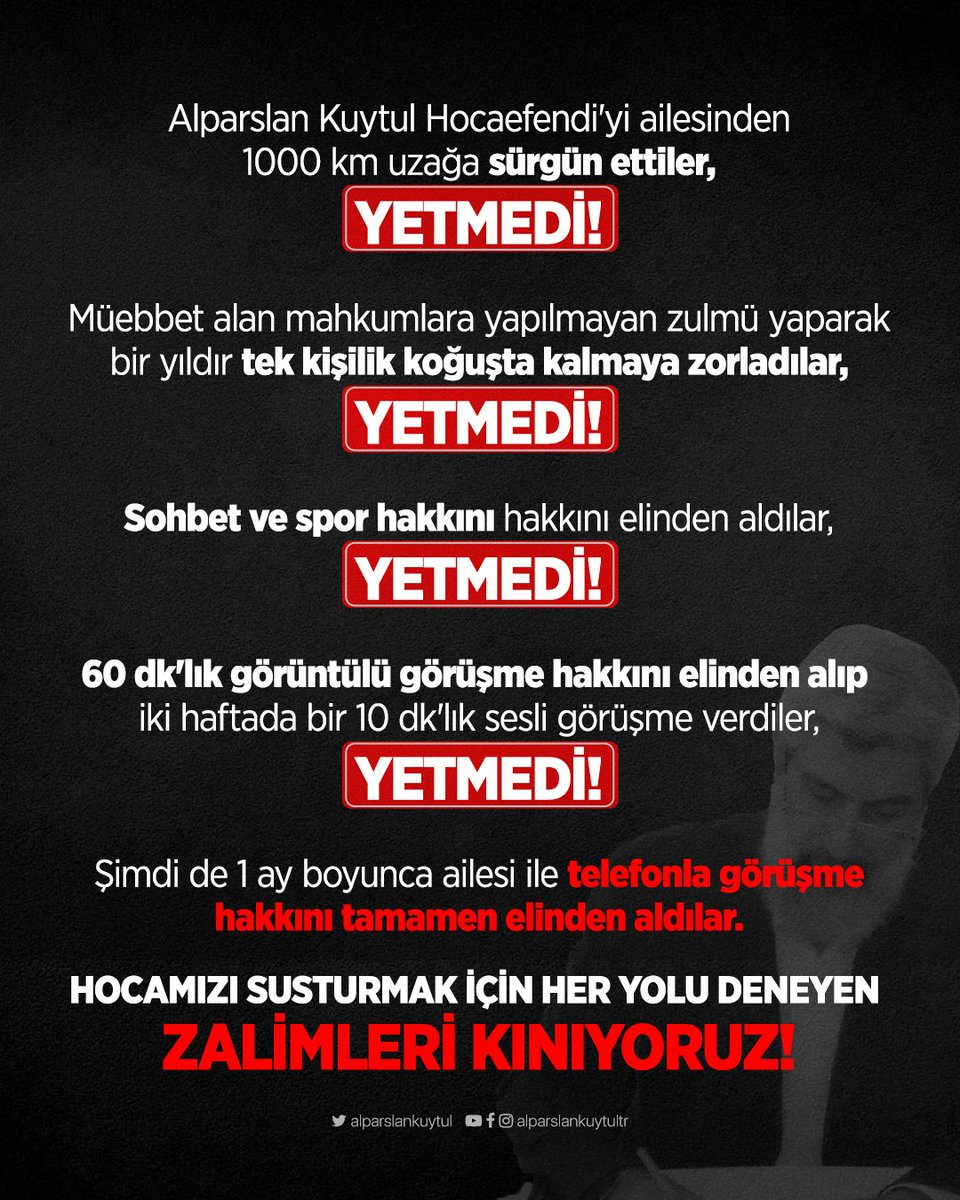 kuytulhoca's tweet photo. Yetmedi!
Yetmedi!
Yetmedi!
Hocamızı susturmak için her yolu deneyen zalimleri kınıyoruz!

AlparslanHocaya TelefonYasağı
#AlparslanHocayaÖzgürlük https://t.co/vdLi5FxZlR