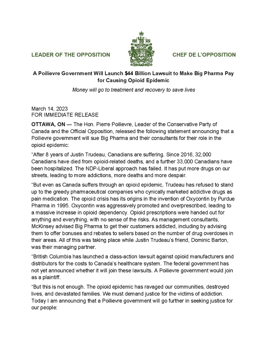 PierrePoilievre's tweet photo. A Pierre Poilievre government will sue big pharma companies that caused the opioid nightmare and use the funds recovered for treatment and recovery that saves lives. https://t.co/UKwFseH914