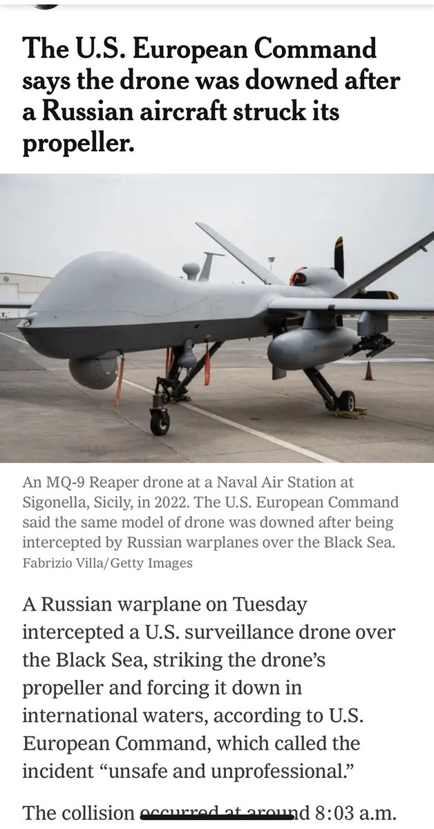 NitnelavGS's tweet photo. At first glance I hoped the US drone had destroyed the Ruzzian warplane. It was the other way round. Let's call it a #NATOarticle4 https://t.co/fxHuLvOBGe