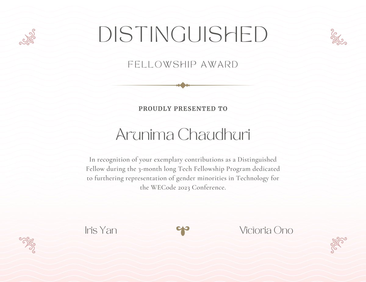 I am so happy to share that I received the Distinguished Fellowship Award from <a href="/WECodeHarvard/">Women Engineers Code (WECode)</a> for my contributions as a Tech Fellow. I am among the 11 women from all around the world to receive this recognition and also the only one from the APAC region. Thanks, <a href="/WECodeHarvard/">Women Engineers Code (WECode)</a> 😍
