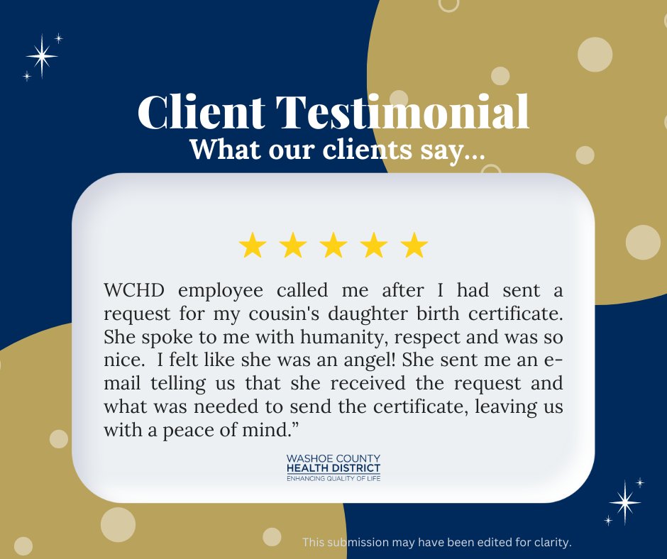 NNPH_Org's tweet photo. #TestimonialTuesday: At WCHD we love serving Washoe County Residents! Learn how our Vital Statistics team helped this resident get a birth certificate. If you've been helped by an extraordinary WCHD staff member, nominate them for the Health Heroes Awards: https://t.co/tliarijz9h https://t.co/Ly73plDxW9