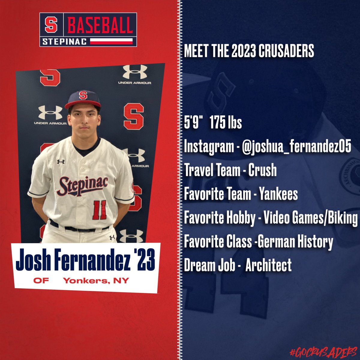 Step_Baseball's tweet photo. Meet the Crusaders! We continue to feature the members of our 2023 Varsity Baseball Team with Seniors Kenny Eddington, Andre Delango & Josh Fernandez! #GoCrusaders #WILL
#StepinacHighSchool #StepinacBaseball @StepinacHS @StepinacSports https://t.co/me9cI7NtN7