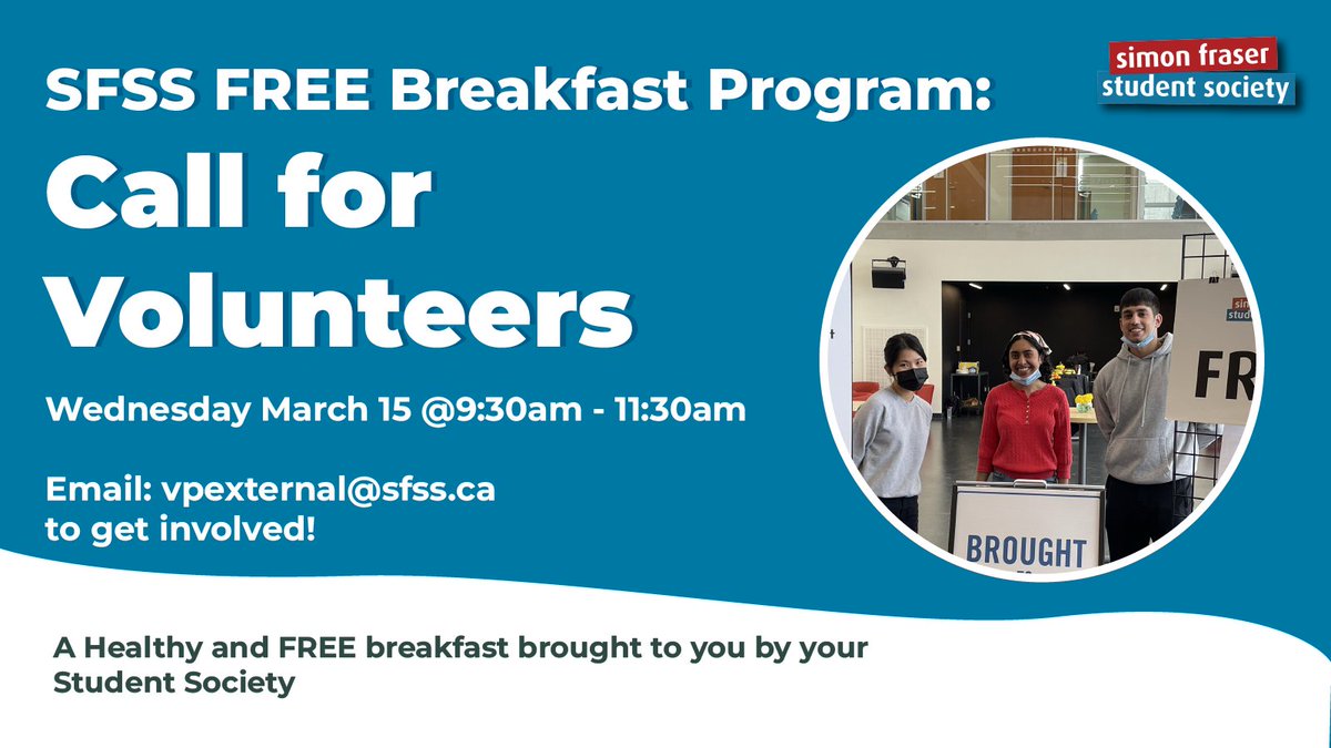 SFSS1's tweet photo. Start your day with purpose! Join us as a volunteer for our FREE breakfast program on March 15 from 9:30AM - 11:30AM 🌞🍴

Contact: vpexternal@sfss.ca to get involved!

#volunteer #FREEbreakfastprogram https://t.co/OhpMXnbwa1