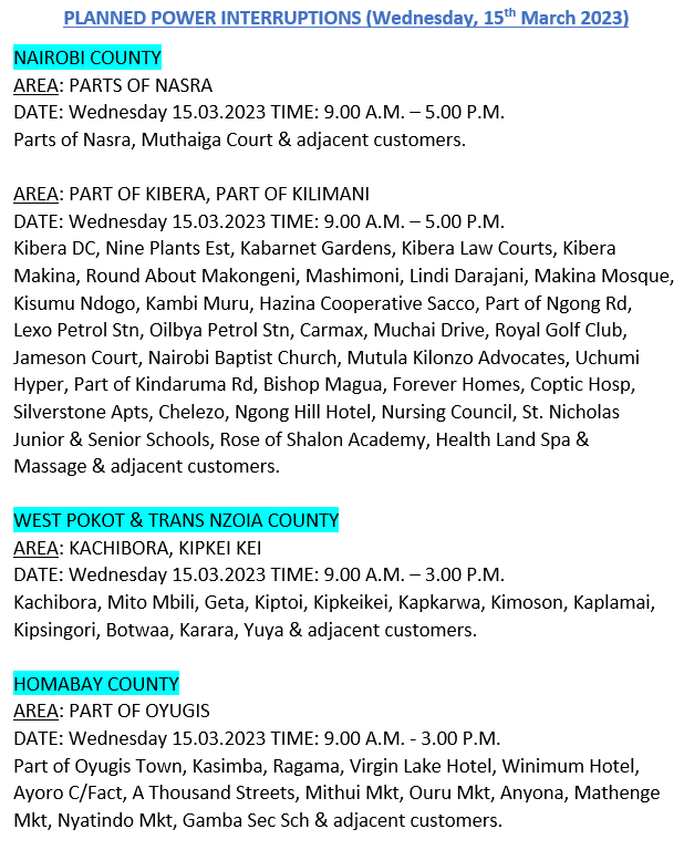 KenyaPower_Care's tweet photo. Hello, these area will be affected by scheduled power interruptions tomorrow: ^BT https://t.co/1ZmnLY3fOK