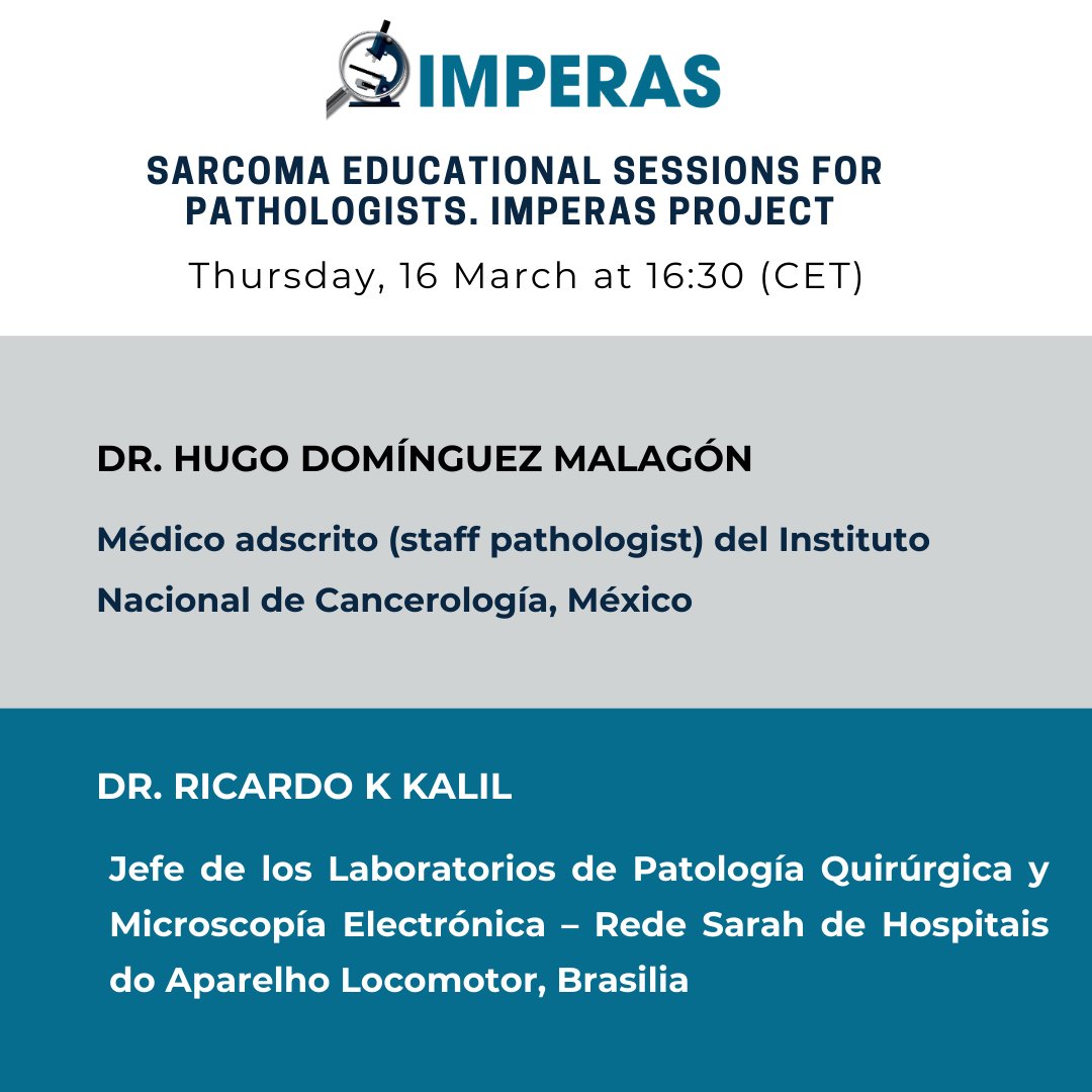 proyectoimperas's tweet photo. Recordad!! El próximo jueves 16 a las 16:30h dará lugar la XXI Sesión educacional de sarcomas para patólogos moderada por por Isidro Machado.

Os presentamos a los ponentes :

👉Dr. Hugo Domínguez Malagón 
👉Dr. Ricardo K Kalil 

 #XXIsesiónIMPERAS https://t.co/8uSl7AJUz9
