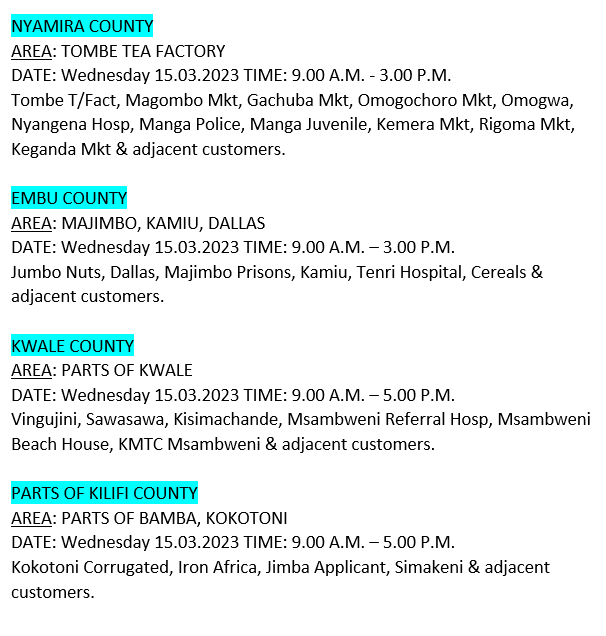 KenyaPower_Care's tweet photo. Hello, these area will be affected by scheduled power interruptions tomorrow: ^BT https://t.co/1ZmnLY3fOK