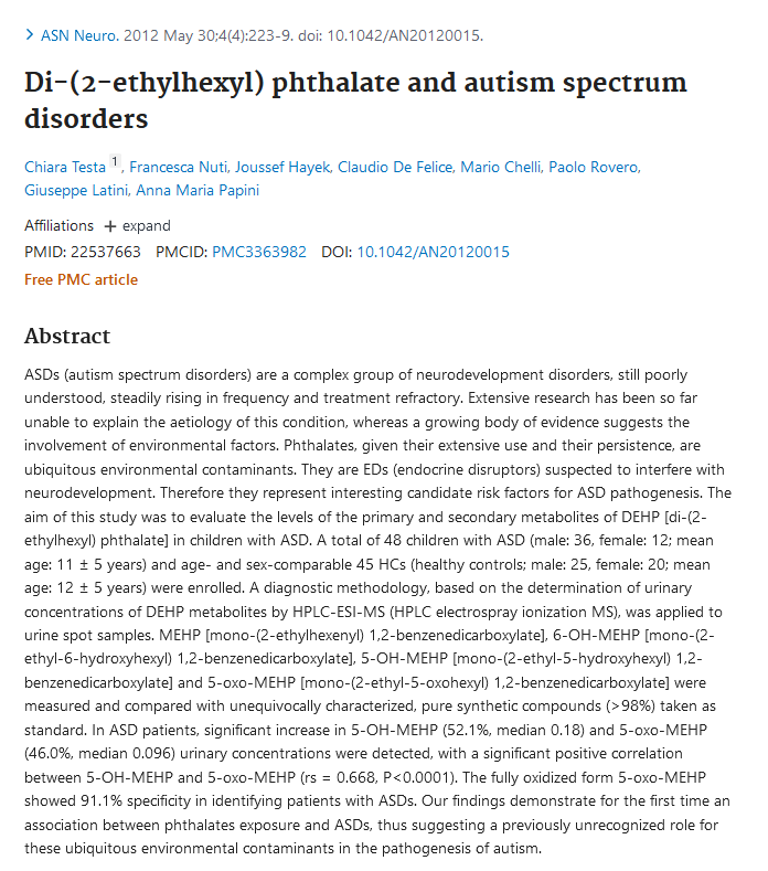 Djindji4's tweet photo. Di-(2-ethylhexyl) phthalate and autism spectrum disorders
#EDC
#Genderidentitydisorder
#Genderdiversiteit
#EndocrineDisruptors
https://t.co/GTJB1VjPzC https://t.co/ruKfrVCCJo