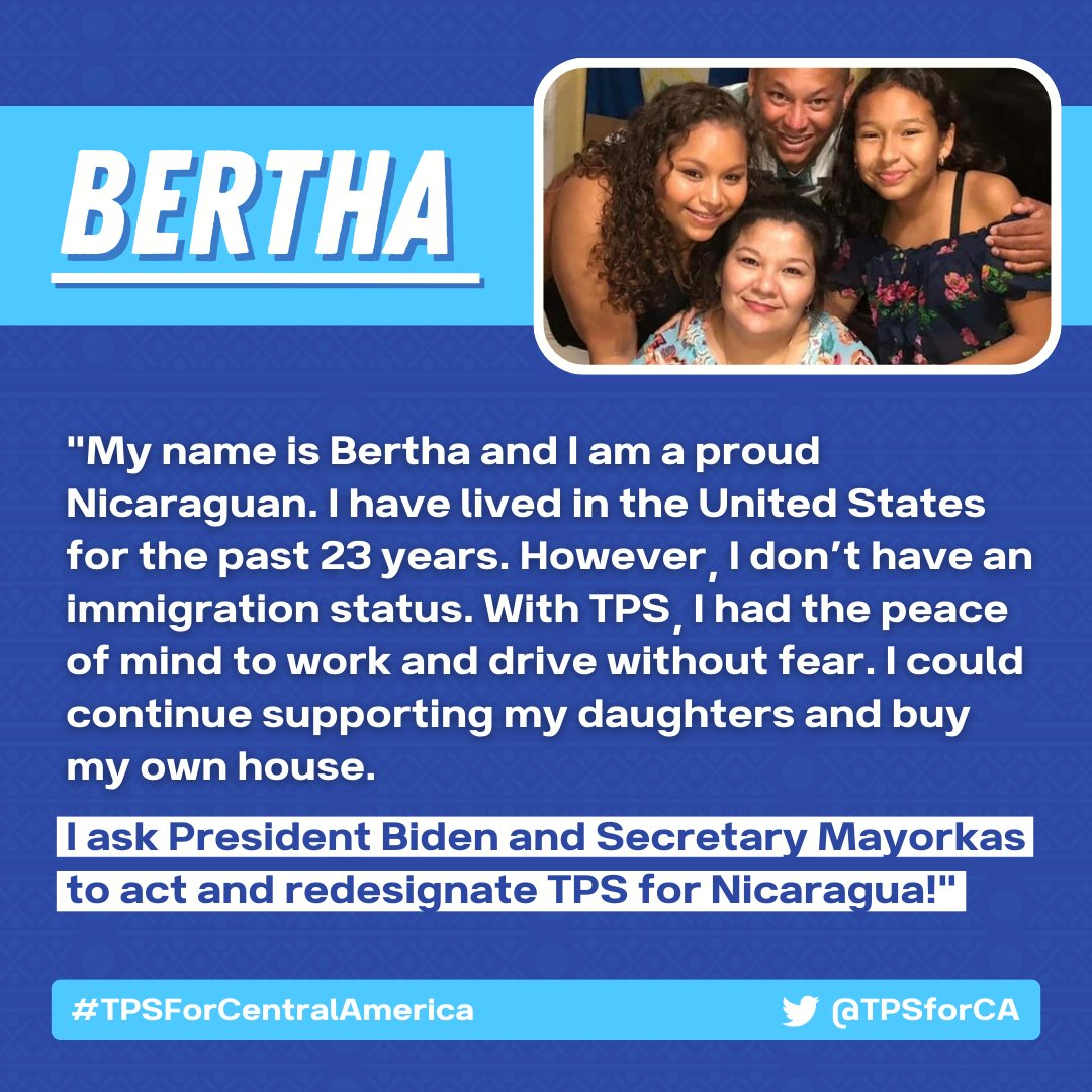ALIANZAAMERICAS's tweet photo. Bertha has lived in the U.S. for 23 years. She's asking @POTUS to redesignate TPS for Nicaragua so she can continue working and contributing to the U.S. economy, supporting her daughter, and eventually purchasing a home. #TPSforCentralAmerica #TPSforNicaraguaNow #TPSJustice https://t.co/n6q2YPxJyd