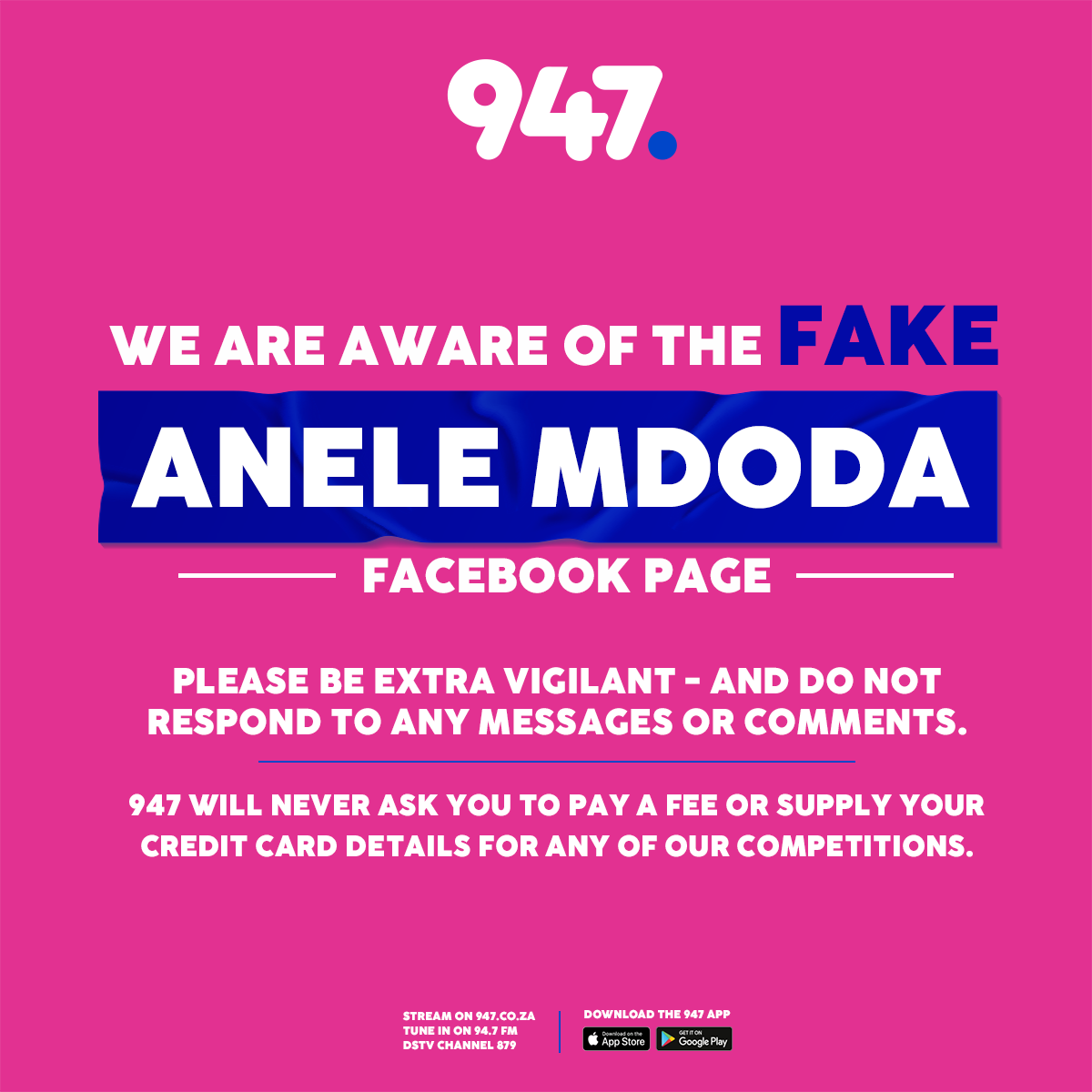 947's tweet photo. ⚠️  ALERT 

947 would never ask any of our listeners for their credit card details nor to pay a fee for any of our awesome competitions.

#947MusicLife https://t.co/o9s1aG14Eq