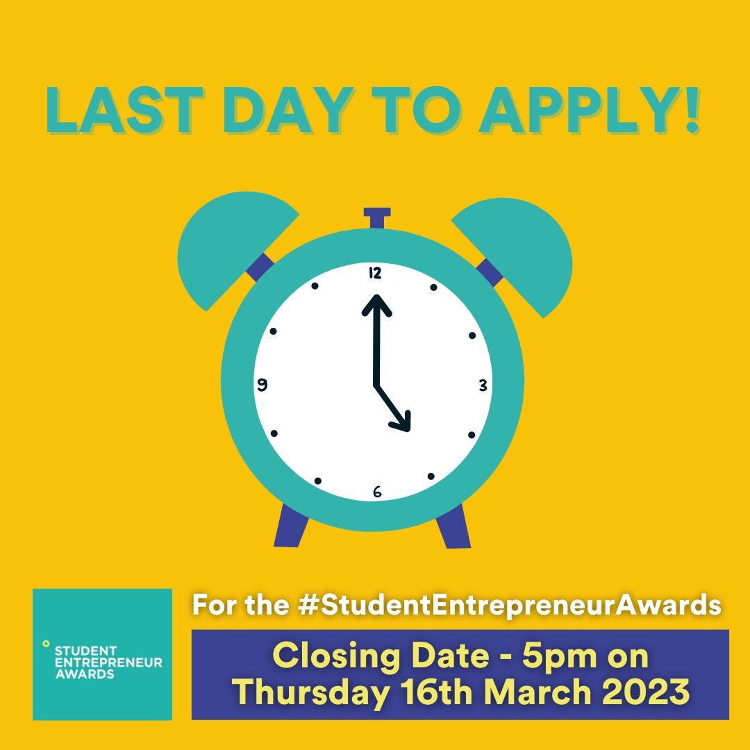 Today is the last day to submit your #StudentEntrepreneurAwards application. Applications close at 5:00pm
 
Don't miss this opportunity to be in the running for €35,000 in cash prizes this year!
 
Find out more about applying here: bit.ly/SEAHow