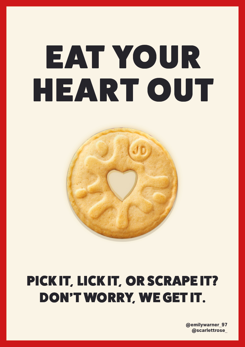 EmilyWarner_97's tweet photo. Advertise #BritishBiscuits 🍪

Here's our poster @OneMinuteBriefs

Eat your heart out @jammiedodgers ❤️

Creative duo @scarlettrose_ 🤜⚡️🤛 https://t.co/JpfrpRMD6w