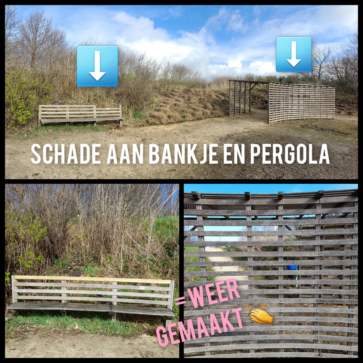 Natuurbelevings's tweet photo. Dat ziet er weer netjes uit!
Vrijwilligers Aad en Cees hebben de schade aan de pergola en het bankje in de rustkuil weer netjes gerepareerd. #vrijwilligers #vrijwilligersmakenhetmogelijk
#DeBult #NieuweWetering https://t.co/l5QzX4dIL5