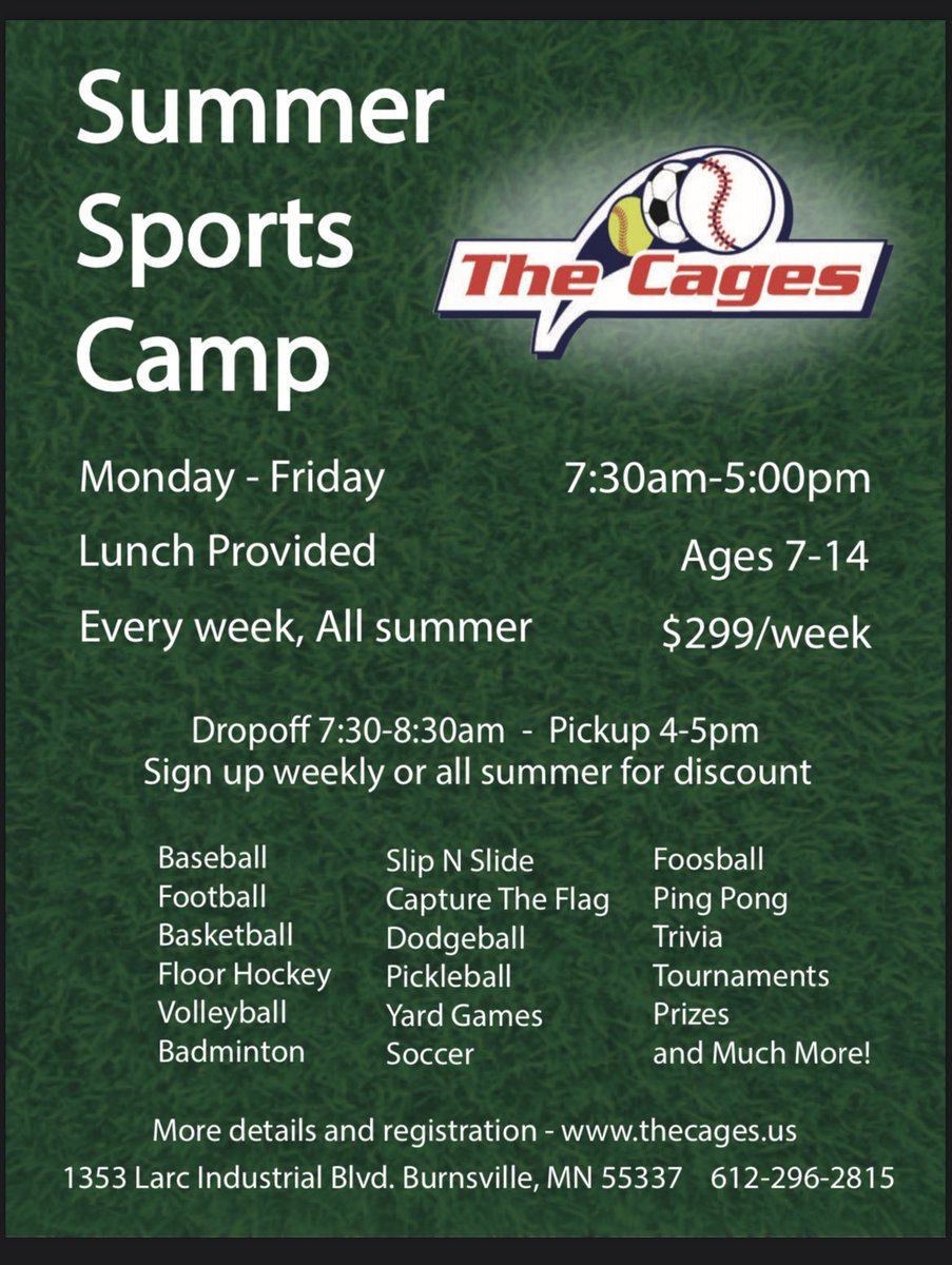 TheCagesMN's tweet photo. Summer Sports Camps are up now! Use code “EB15” for 15% off all summer camps. https://t.co/AIC4ugsHuN