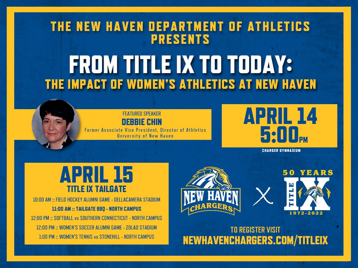 From Title IX to Today :: Join us for a special weekend celebrating women's athletics at New Haven

Friday, April 14 | 5 PM - Panel discussion w/ former Assoc VP/Dir of Athletics Debbie Chin as Featured Speaker

Saturday, April 15 | 11 AM - Alumni Tailgate BBQ @ North Campus