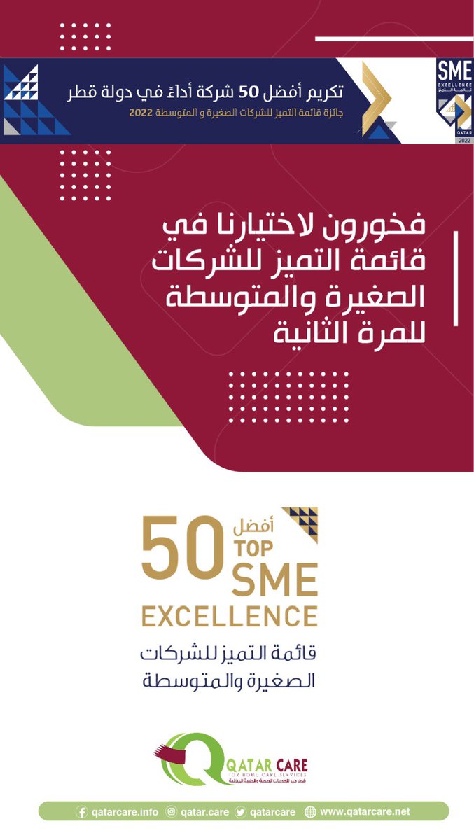 QatarCare's tweet photo. قطر كير ضمن قائمة التميّز لأفضل ٥٠ شركة صغيرة ومتوسطة في قطر وتم تكريم السيد/ صالح العيده مؤسس الشركة والرئيس من قبل معالي الشيخ / محمد بن عبدالرحمن ال ثاني رئيس مجلس الوزراء و وزير الخارجية 
مبروك للعاملين في الشركة والطواقم الطبية ومبروك لعملائنا الكرام فهم جزء كبير من نجاحاتنا https://t.co/wNNLfs7mWT