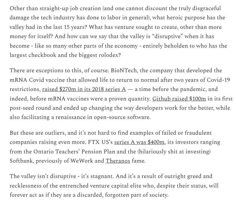 edzitron's tweet photo. You're not mad at "tech bros," you're mad at elite venture capitalists backing fiscally valuable yet utterly rotten enterprises. Venture capital can do good things - but people will continue to loathe the tech industry as long as venture remains poisoned.
https://t.co/U9t3K68NSJ https://t.co/XcItK7LDis