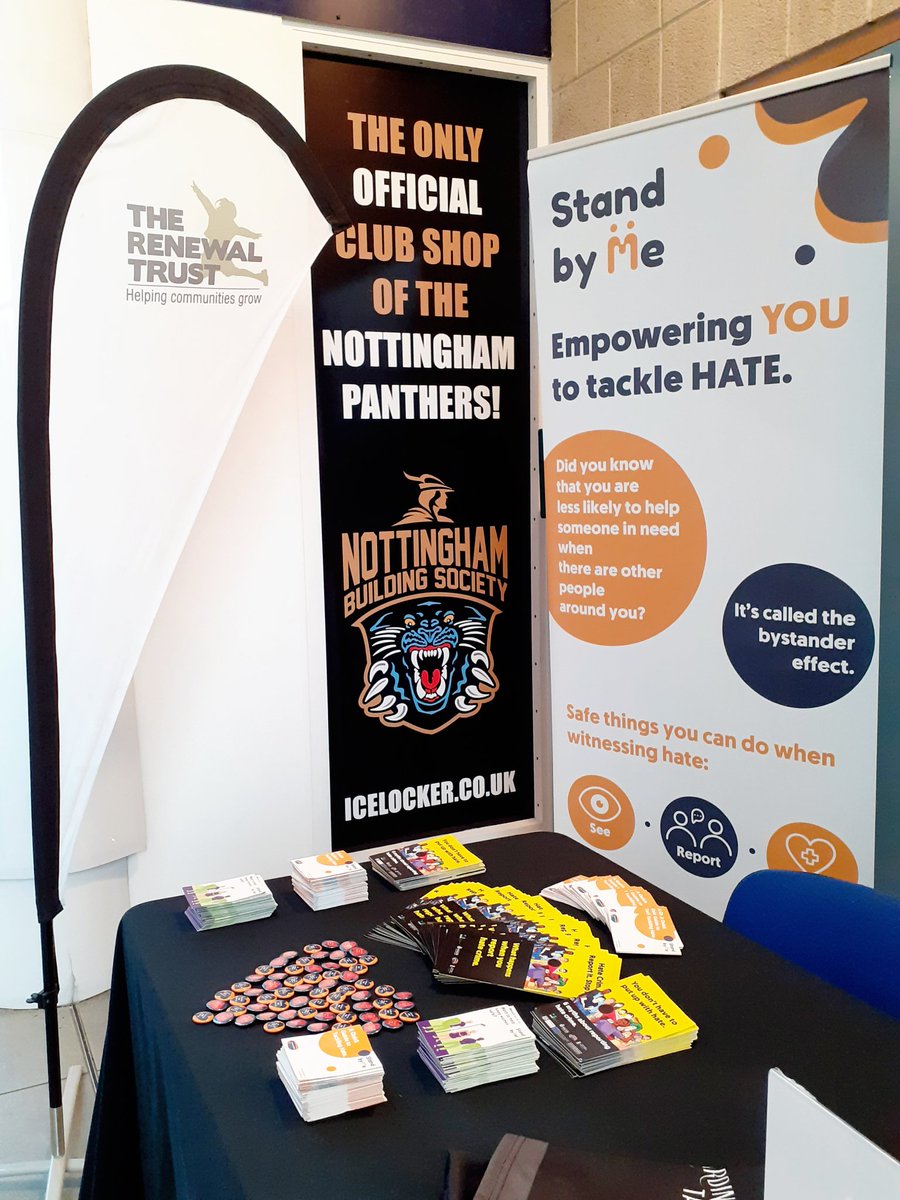 We're at the <a href="/PanthersIHC/">Nottingham Panthers</a> game tonight with @RenewalTrust! 🏒

Come and say hello and pick up a leaflet on tackling hate &amp; one of our very popular 'love not hate' badges ❤ #StandbyMe #doingitdifferently #FeelGood