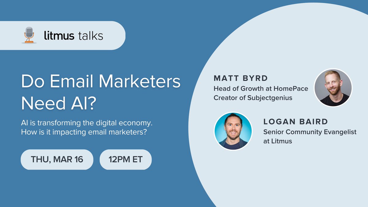 Litmus (@litmusapp) on Twitter photo It's 2023 and AI is everywhere. Are you jumping on the bandwagon? 🚙
🗓️ Join @logansandrock and <a href="/mparkerbyrd/">mparkerbyrd</a> this Thursday, March 16th for a conversation on the pros and cons of AI in #EmailMarketing: lit.ms/3YKPRbR It's 2023 and AI is everywhere. Are you jumping on the bandwagon? 🚙
🗓️ Join @logansandrock and <a href="/mparkerbyrd/">mparkerbyrd</a> this Thursday, March 16th for a conversation on the pros and cons of AI in #EmailMarketing: lit.ms/3YKPRbR