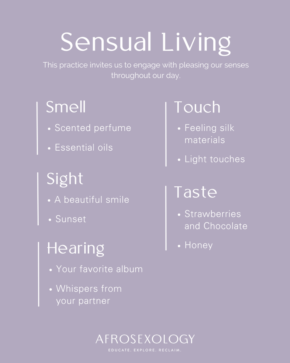 Afrosexology's tweet photo. There are several ways to explore and prioritize pleasure in your life.

One of our favorite beginner methods is Sensual Living, a practice that invites us to engage with pleasing our senses throughout our day. https://t.co/hdqmsXZY7l