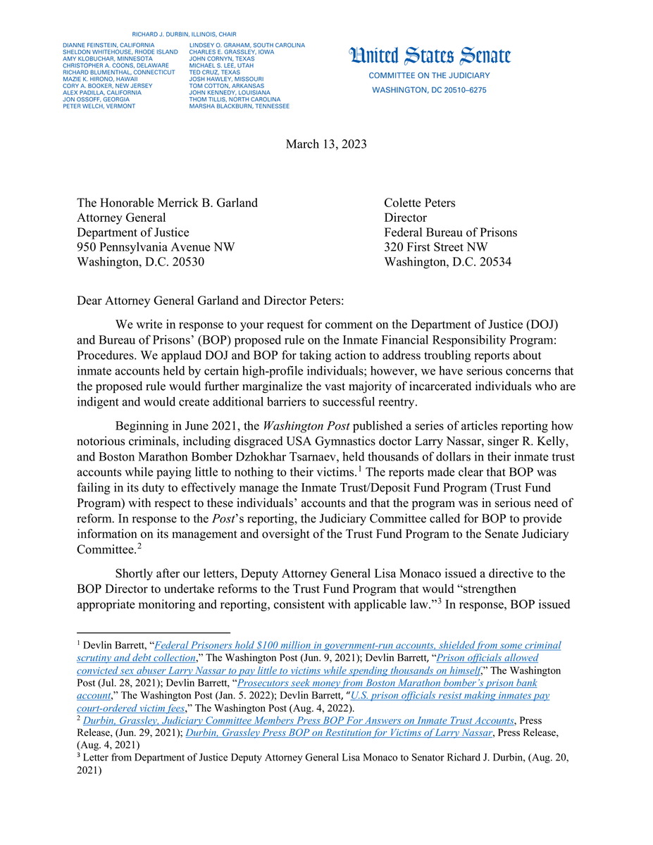 JudiciaryDems's tweet photo. This continues the Committee’s call for the Bureau of Prisons to take reasoned, measured steps to bring greater accountability to inmate financial accounts.

FULL LETTER ⬇️ https://t.co/Nwoumkhl2U