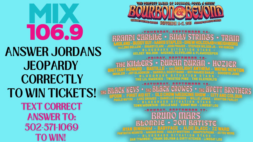 mix1069lou's tweet photo. π Want to win tickets to the @Bourbon And Beyond π«π₯ Tune in to Jordan's Jeopardy and show off your smarts for your chance to win! ππ€ Just text the correct answer to 502-571-1069 to enter! π² Don't miss out on this exciting opportunity! #JordansJeopardy #WinTickets #TextToWin https://t.co/spgLdBG6hZ