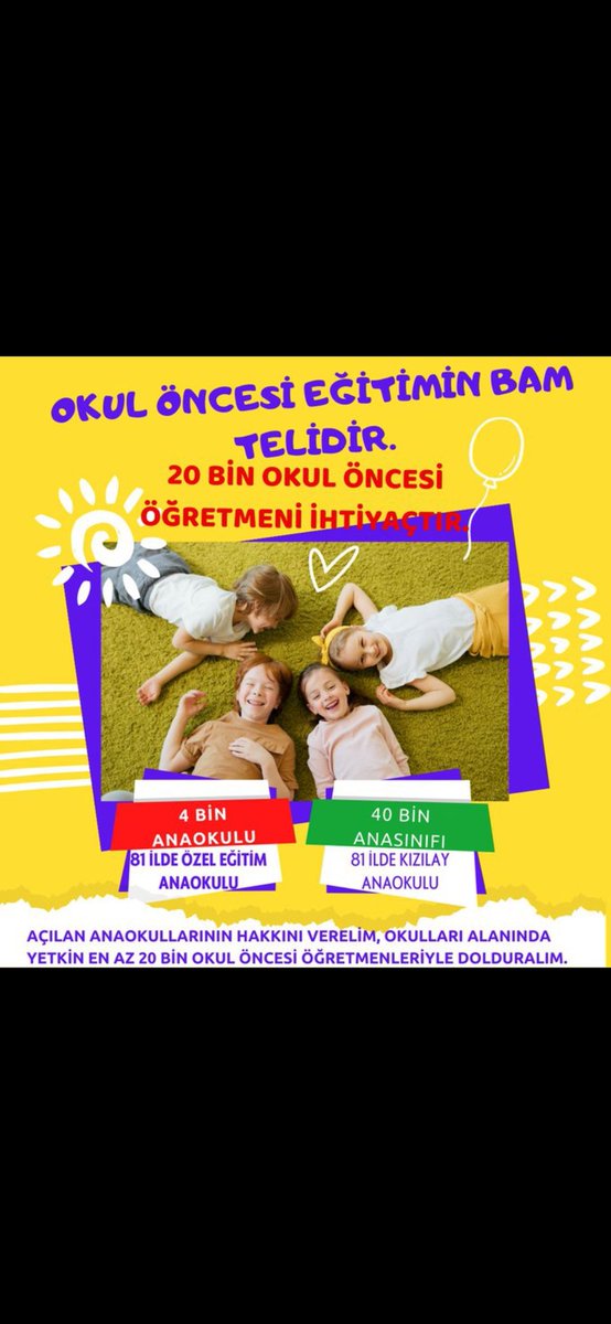 Eğitimin Temeli olan okul öncesine 20 bin okul öncesi öğretmeni ataması yapılmalıdır.
#Okulöncesine20binözelalım