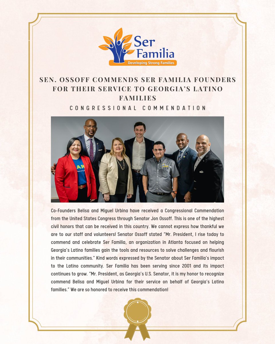 SerFamiliaInc's tweet photo. Ser Familia has just received a Congressional Commendation from the United States Congress through Senator Jon Ossoff. THANK YOU to our hardworking staff for all the good you do. Helping families from crisis to thriving!
#SerFamilia #SF #SenatorJonOssoff #SenOssoff #Georgia https://t.co/aVQoFkzswi