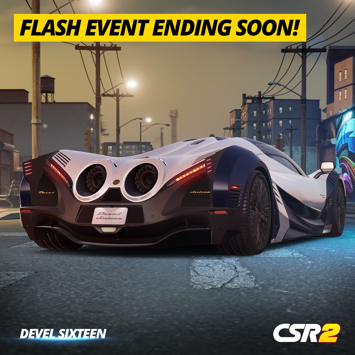 CSRRacing's tweet photo. Devel Sixteen Flash Event is ending soon! Buy yours today. 🏎️
Play #CSR2 now: https://t.co/zeIcylQJrl
#FlashEvent #CSR #csr2racing #dragracing #Devel #DevelSixteen https://t.co/Ko22tEYavg