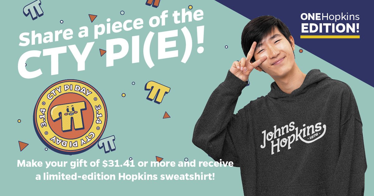 Celebrating CTY is as easy as “pi!” Head over to bit.ly/3mj1c5l to make your gift of $31.41 or more to the Center for Talented Youth, and we’ll send you a limited-edition Hopkins sweatshirt. Make a difference to our bright young learners on #PiDay and beyond!