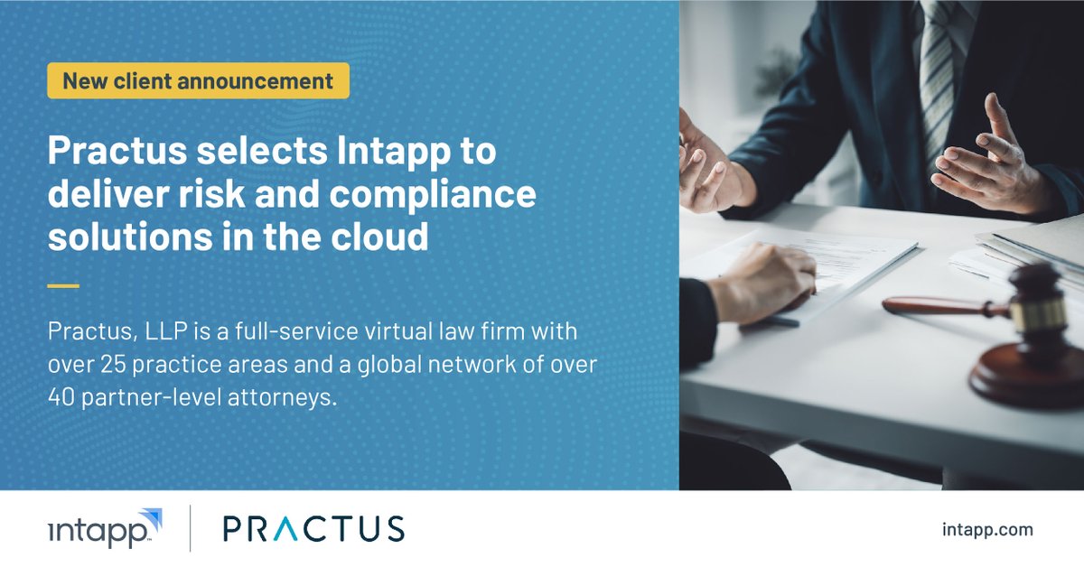 intapp's tweet photo. We're proud to announce virtual law firm Practus, LLP has selected Intapp Risk &amp; Compliance, delivered in the Microsoft Azure Cloud, as its risk management and compliance suite. https://t.co/wMgZluow9l

#Intapp #Practus #RiskAndCompliance #Microsoft #AzureCloud https://t.co/7ZfJjcVQ5Z