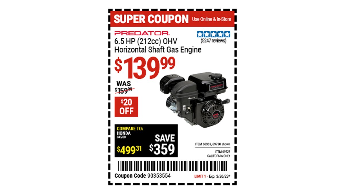 Harbor Freight on Twitter "Buy the PREDATOR ENGINES 6.5 HP (212cc) OHV Horizontal Shaft Gas