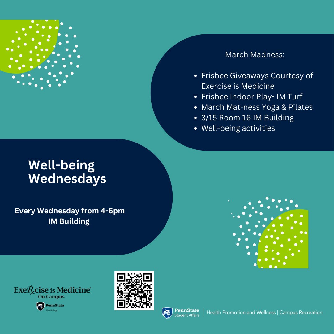 Come move with us for Well-being Wednesday from 4 - 6 PM. Try March Mat-ness Power Pilates &amp; Yoga from 4-5 PM RM 16 IM. Free Frisbees at the IM Turf- Bring friends to throw indoors 4-6 PM. #EIM #PSUEIM #exerciseismedicine #wellbeing
