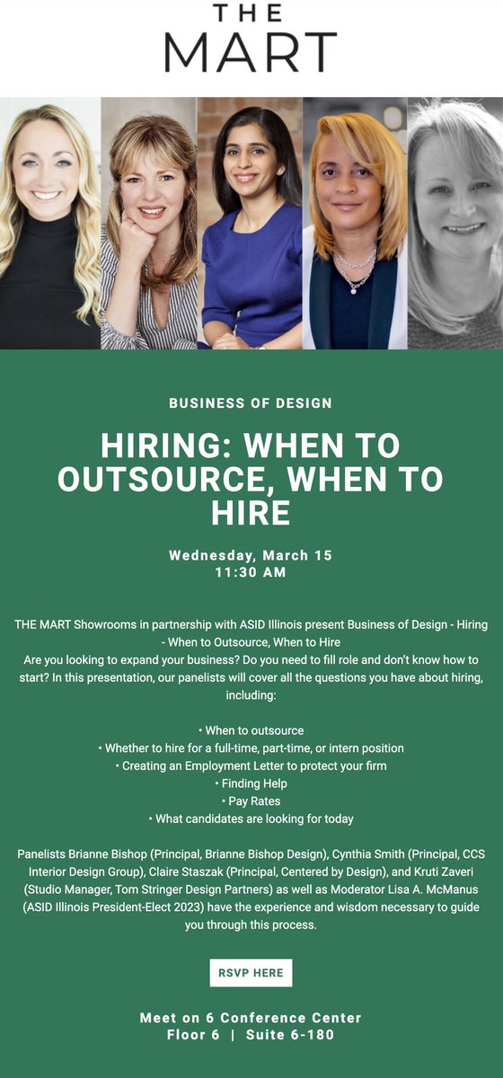 ccsdesigngroup's tweet photo. It’s finally here TOMORROW at 11:30! I’m so excited to be on this panel alongside these extremely talented professionals! We will discuss a topic that every sole entrepreneur designer wants to know! Thanks @asidillinois and @themartchicago for putting this event together!#asidil https://t.co/vIET29K4Ko