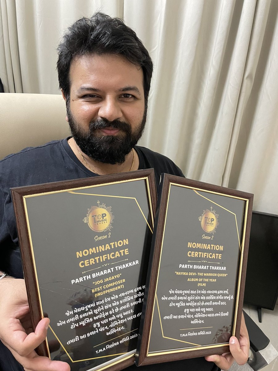 Received nominations for Best Album of the Year - #NayikaDevi & Best Composer (Independent) - #JogJagayo Thank you Top Music Awards for the nominations❤️ @topfmstation #TopMusicawards #parthbharatthakkar